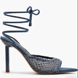 ALDO Jessamine Ankle Wrap Pointed Toe Sandal Heels - Light Denim w/ Jewels